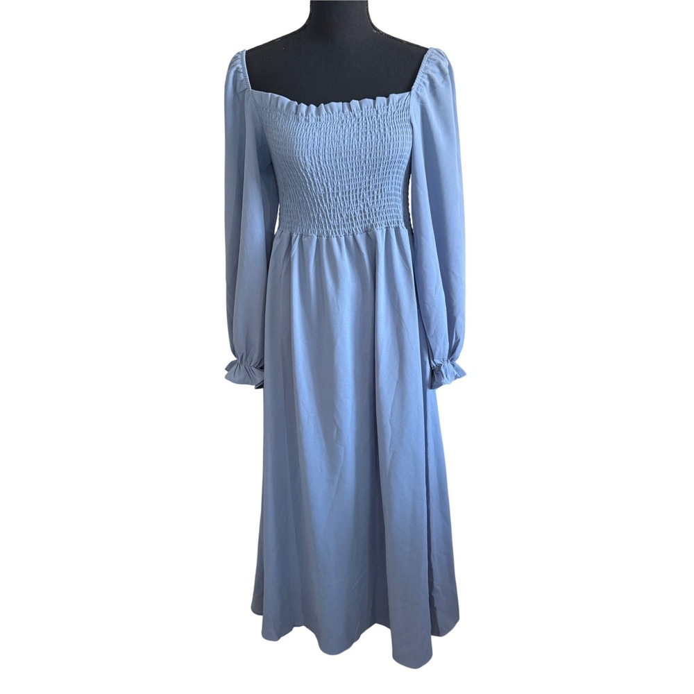 Womens Smocked Cottagecore Maxi Dress L Dusty Blue Priarie Modest Regencycore